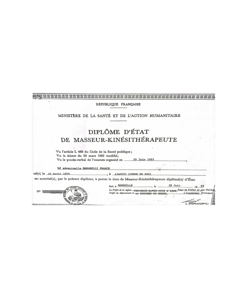 1993 – Diplôme d’État de Masseur-Kinésithérapeute (Ministère de la Santé, France)